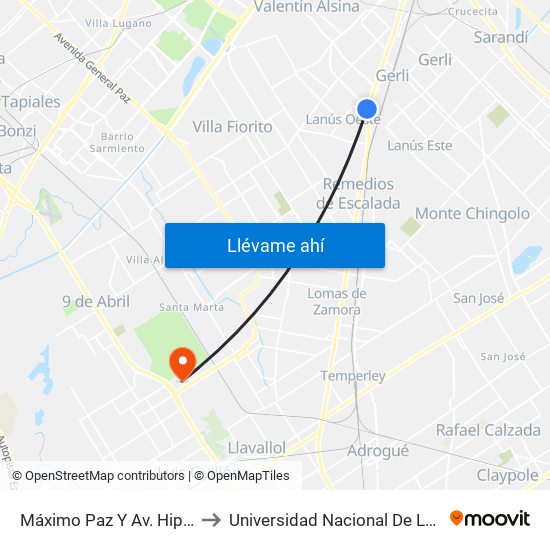 Máximo Paz Y Av. Hipólito Yrigoyen to Universidad Nacional De Lomas De Zamora map