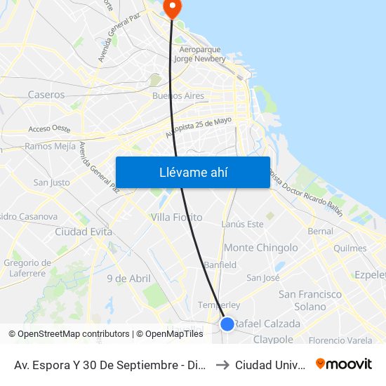 Av. Espora Y 30 De Septiembre - Divisoria Temperley to Ciudad Universitaria map