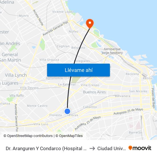 Dr. Aranguren Y Condarco (Hospital Dr. Teodoro Álvarez) to Ciudad Universitaria map