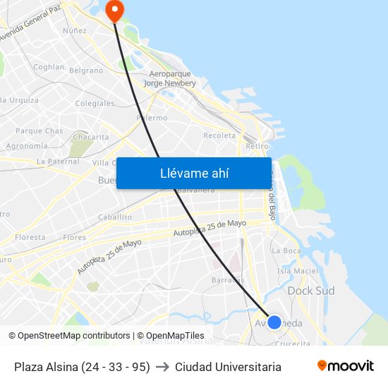 Plaza Alsina (24 - 33 - 95) to Ciudad Universitaria map