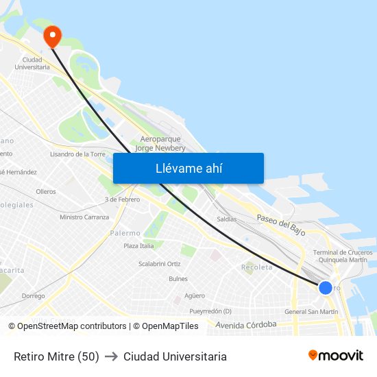 Retiro Mitre (50) to Ciudad Universitaria map