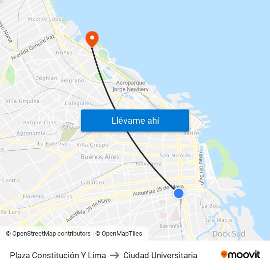 Plaza Constitución Y Lima to Ciudad Universitaria map