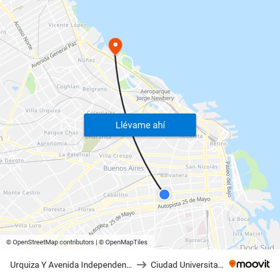 Urquiza Y Avenida Independencia to Ciudad Universitaria map