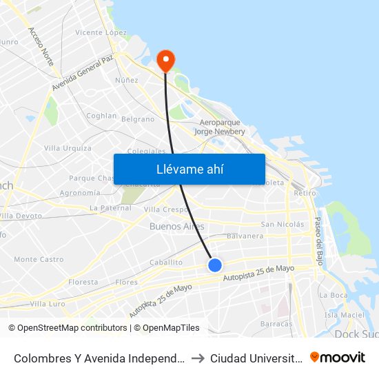 Colombres Y Avenida Independencia to Ciudad Universitaria map