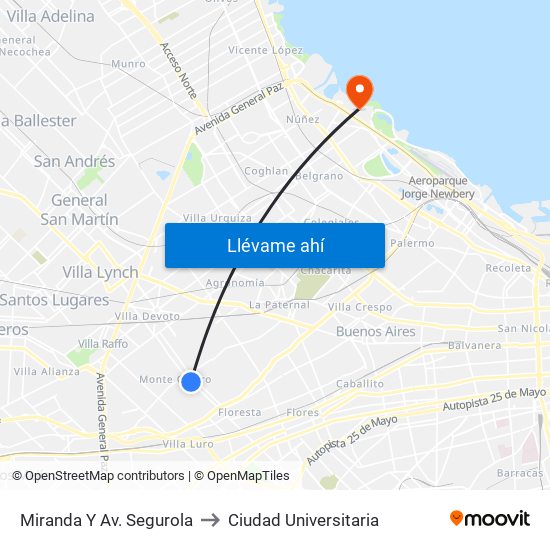 Miranda Y Av. Segurola to Ciudad Universitaria map