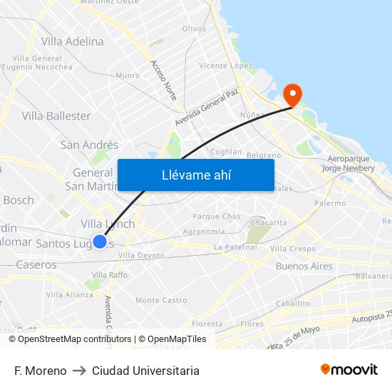 F. Moreno to Ciudad Universitaria map