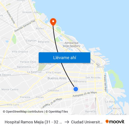 Hospital Ramos Mejía (31 - 32 - 41) to Ciudad Universitaria map