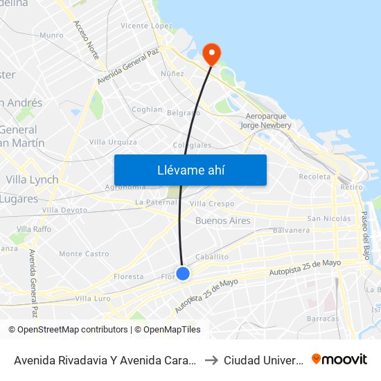 Avenida Rivadavia Y Avenida Carabobo (145) to Ciudad Universitaria map
