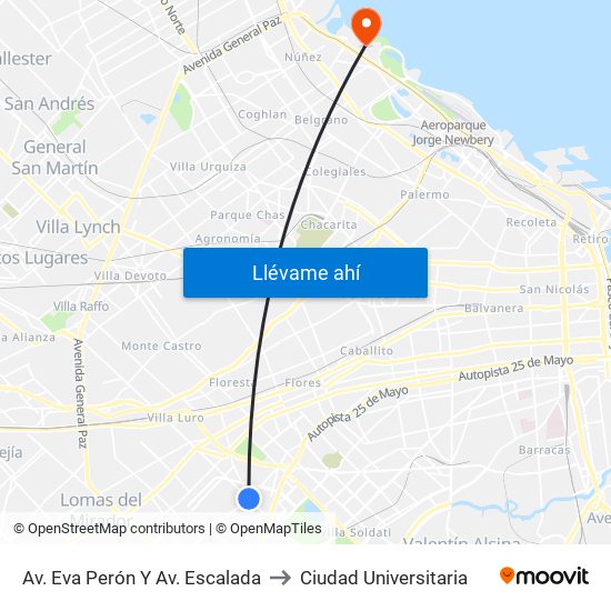 Av. Eva Perón Y Av. Escalada to Ciudad Universitaria map