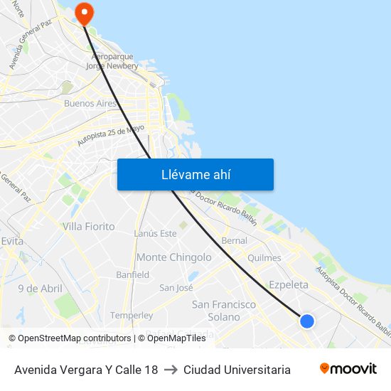 Avenida Vergara Y Calle 18 to Ciudad Universitaria map