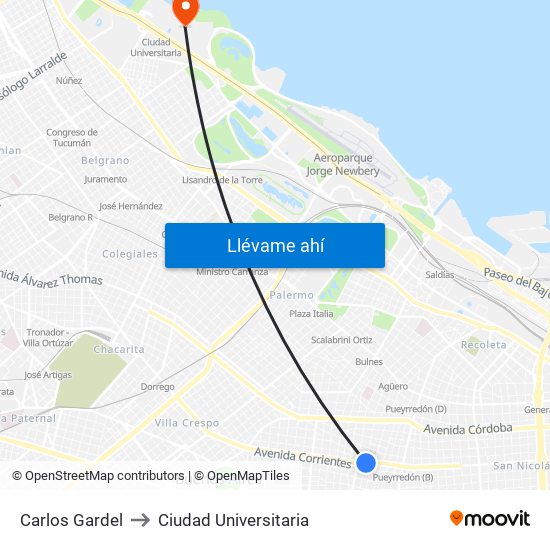Carlos Gardel to Ciudad Universitaria map