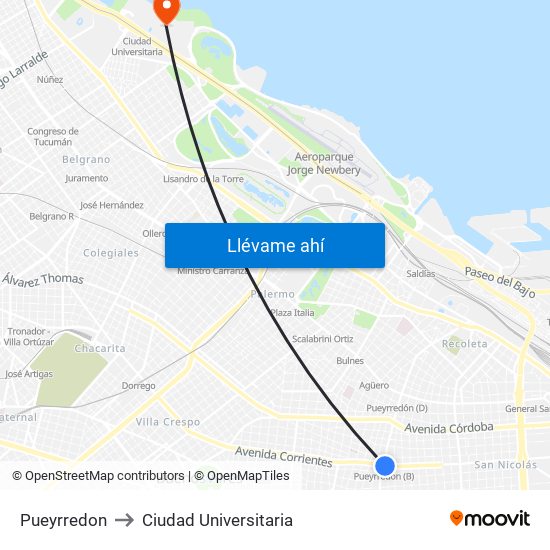 Pueyrredon to Ciudad Universitaria map