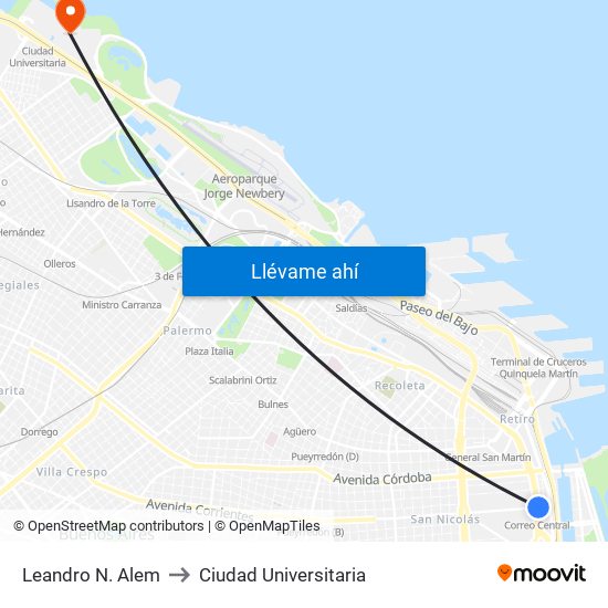 Leandro N. Alem to Ciudad Universitaria map