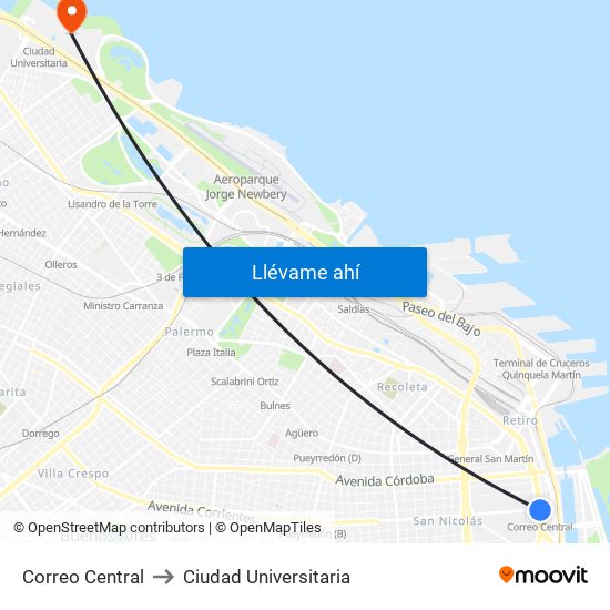 Correo Central to Ciudad Universitaria map