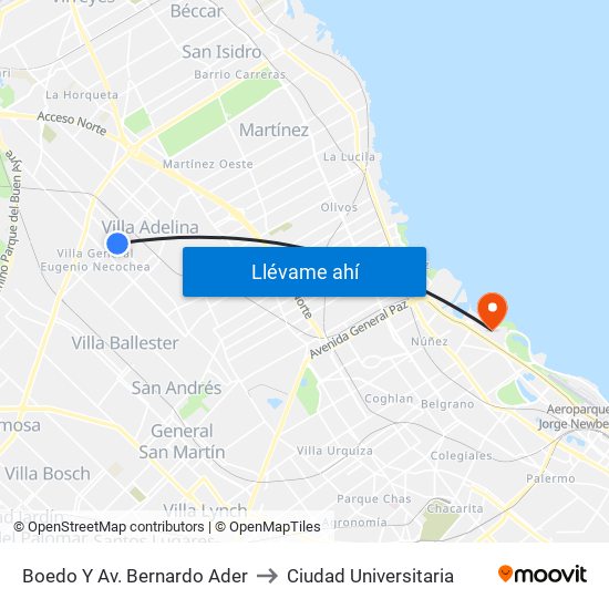 Boedo Y Av. Bernardo Ader to Ciudad Universitaria map