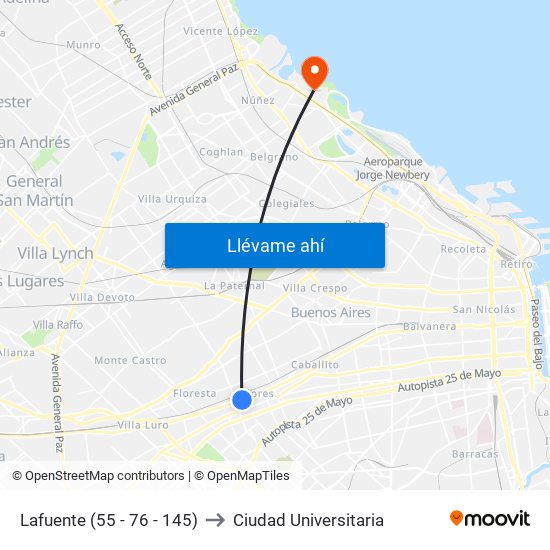 Lafuente (55 - 76 - 145) to Ciudad Universitaria map