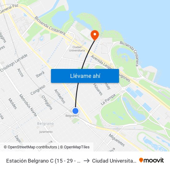 Estación Belgrano C (15 - 29 - 42) to Ciudad Universitaria map
