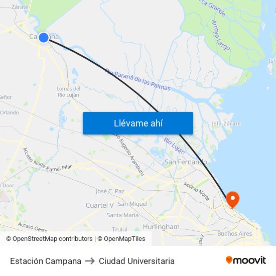 Estación Campana to Ciudad Universitaria map