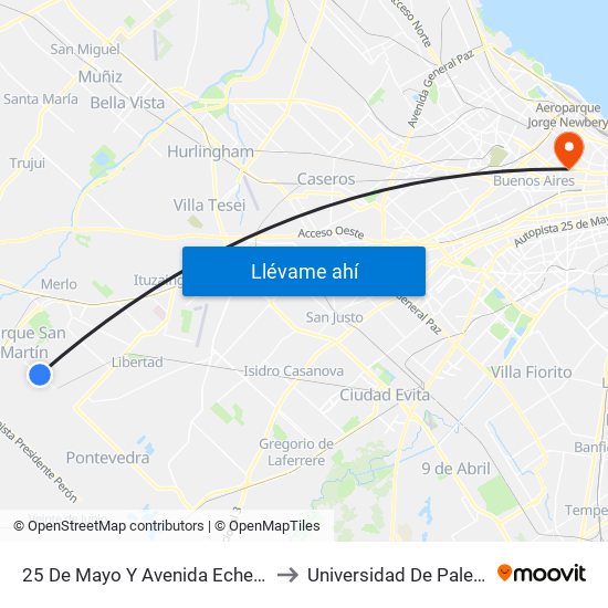25 De Mayo Y Avenida Echeverry to Universidad De Palermo map