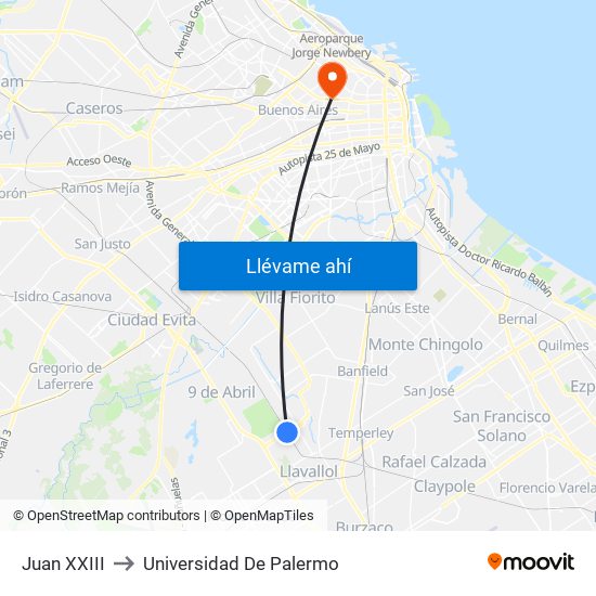 Juan XXIII to Universidad De Palermo map