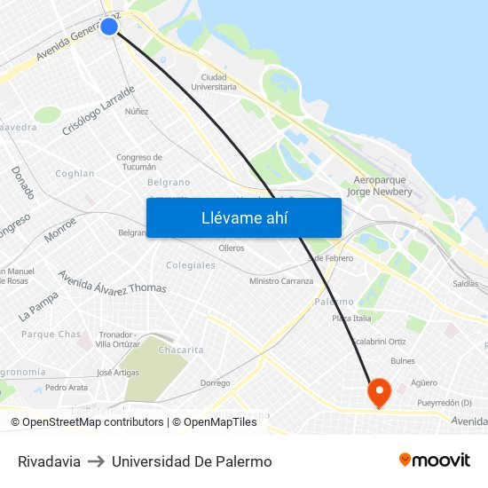 Rivadavia to Universidad De Palermo map