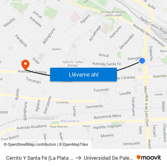 Cerrito Y Santa Fé (La Plata Vip) to Universidad De Palermo map