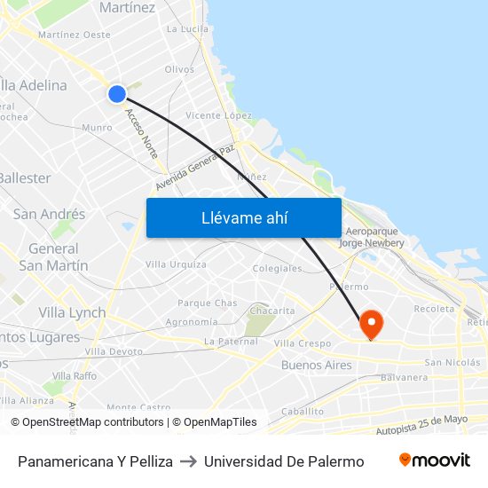 Panamericana Y Pelliza to Universidad De Palermo map