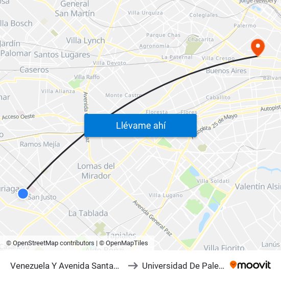 Venezuela Y Avenida Santamaría to Universidad De Palermo map
