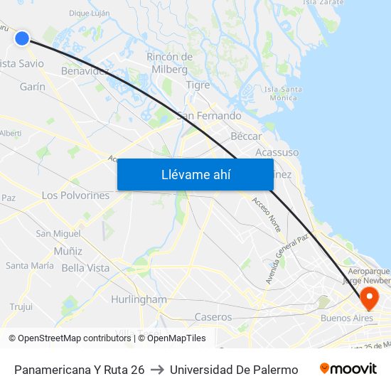 Panamericana Y Ruta 26 to Universidad De Palermo map