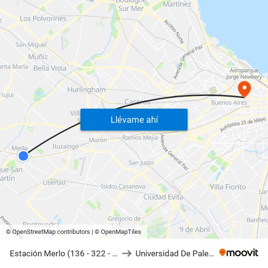 Estación Merlo (136 - 322 - 336) to Universidad De Palermo map