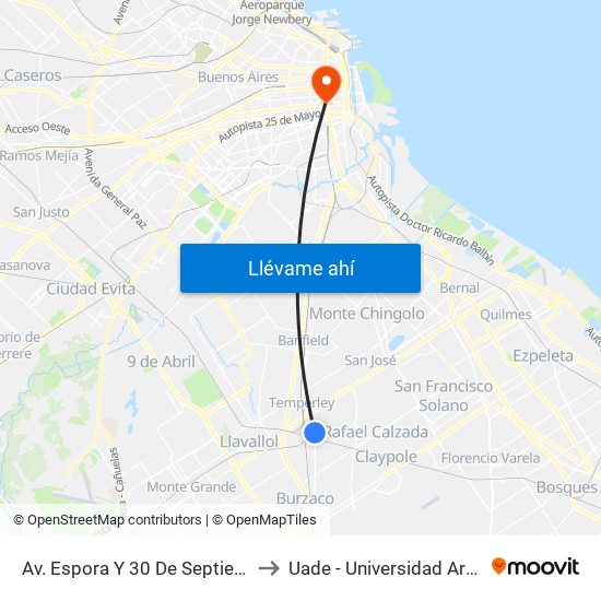 Av. Espora Y 30 De Septiembre - Divisoria Temperley to Uade - Universidad Argentina De La Empresa map