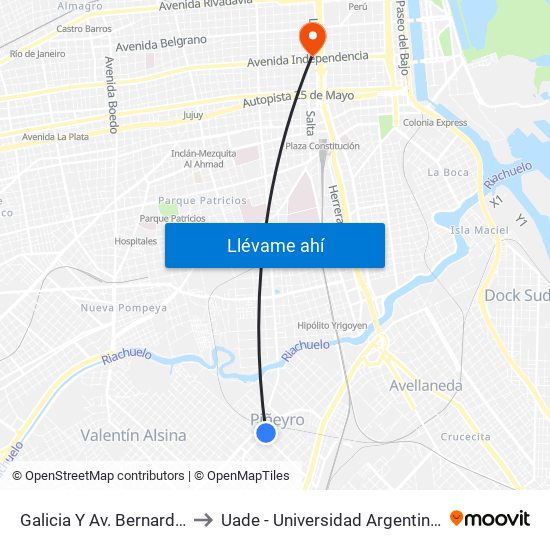 Galicia Y Av. Bernardino Rivadavia to Uade - Universidad Argentina De La Empresa map