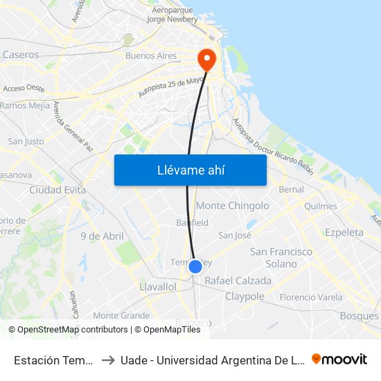 Estación Temperley to Uade - Universidad Argentina De La Empresa map