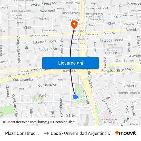 Plaza Constitución Y Lima to Uade - Universidad Argentina De La Empresa map