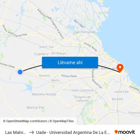 Las Malvinas to Uade - Universidad Argentina De La Empresa map