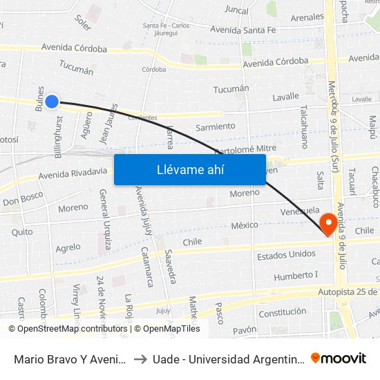 Mario Bravo Y Avenida Corrientes to Uade - Universidad Argentina De La Empresa map