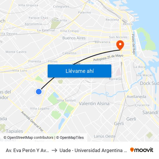 Av. Eva Perón Y Av. Escalada to Uade - Universidad Argentina De La Empresa map