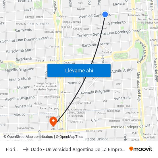 Florida to Uade - Universidad Argentina De La Empresa map