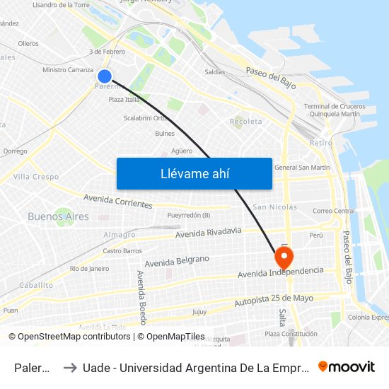 Palermo to Uade - Universidad Argentina De La Empresa map