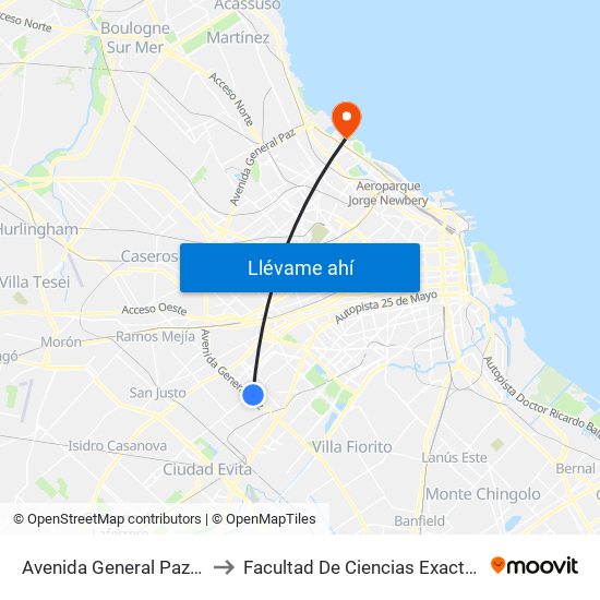 Avenida General Paz Y Avenida Eva Perón to Facultad De Ciencias Exactas Y Naturales - Pabellón 2 map