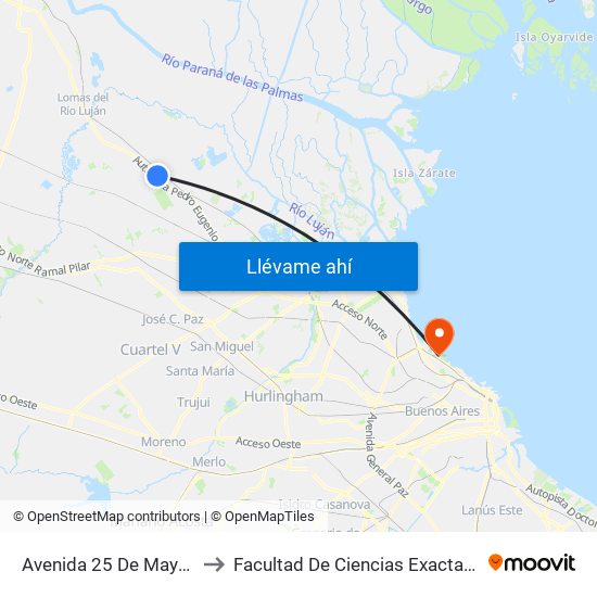 Avenida 25 De Mayo Y Colectora Este to Facultad De Ciencias Exactas Y Naturales - Pabellón 2 map