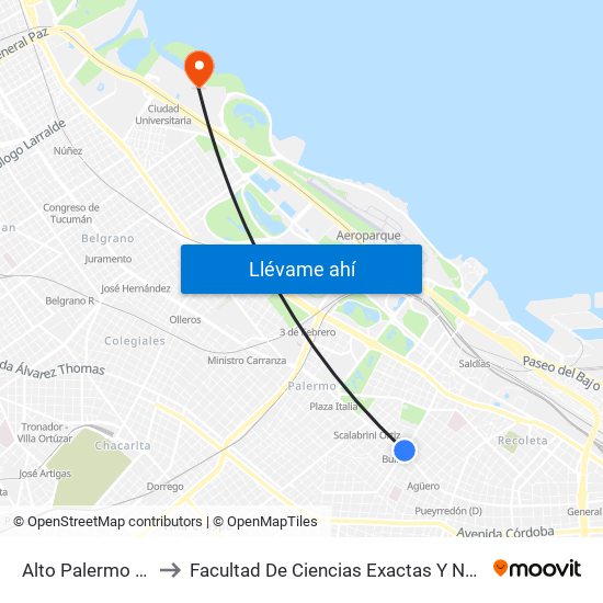Alto Palermo (92 - 128) to Facultad De Ciencias Exactas Y Naturales - Pabellón 2 map