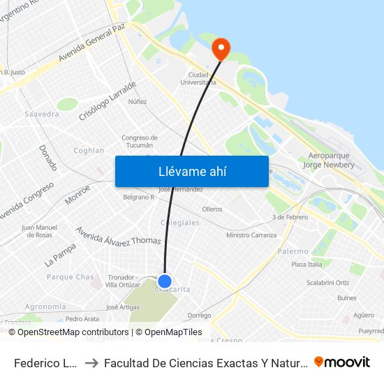 Federico Lacroze to Facultad De Ciencias Exactas Y Naturales - Pabellón 2 map