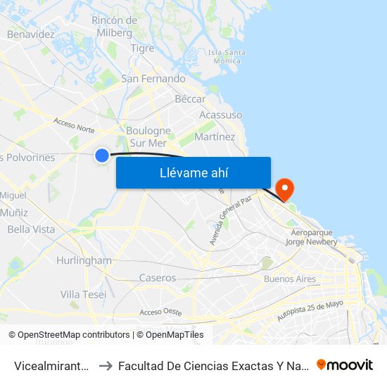 Vicealmirante Montes to Facultad De Ciencias Exactas Y Naturales - Pabellón 2 map