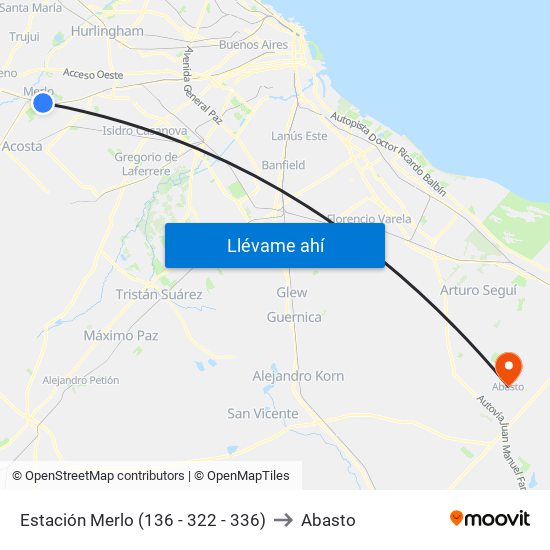 Estación Merlo (136 - 322 - 336) to Abasto map