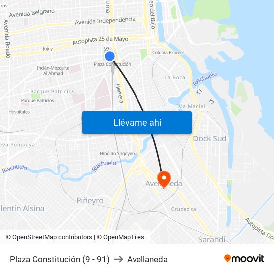 Plaza Constitución (9  - 91) to Avellaneda map