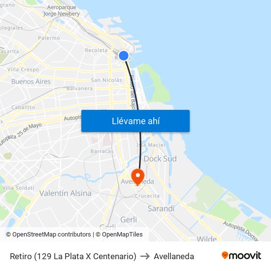 Retiro (129 La Plata X Centenario) to Avellaneda map