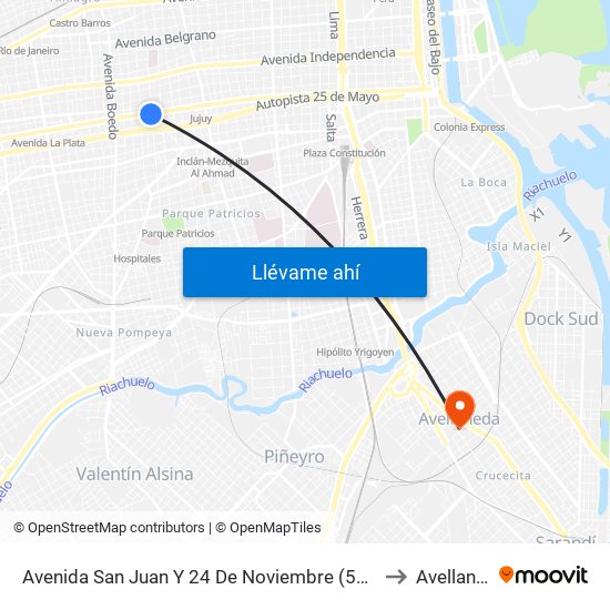 Avenida San Juan Y 24 De Noviembre (53 - 88 - 126) to Avellaneda map