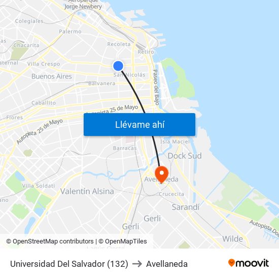 Universidad Del Salvador (132) to Avellaneda map