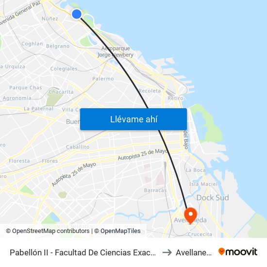 Pabellón II - Facultad De Ciencias Exactas to Avellaneda map